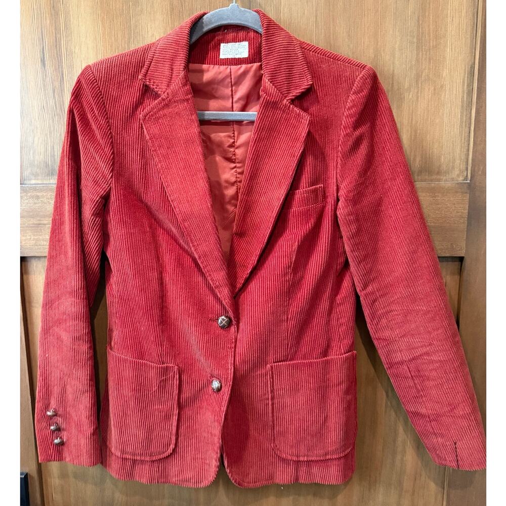 Vintage 70s Red-Orange Corduroy Blazer Tailored Jacket Made in‎ Singapore Medium